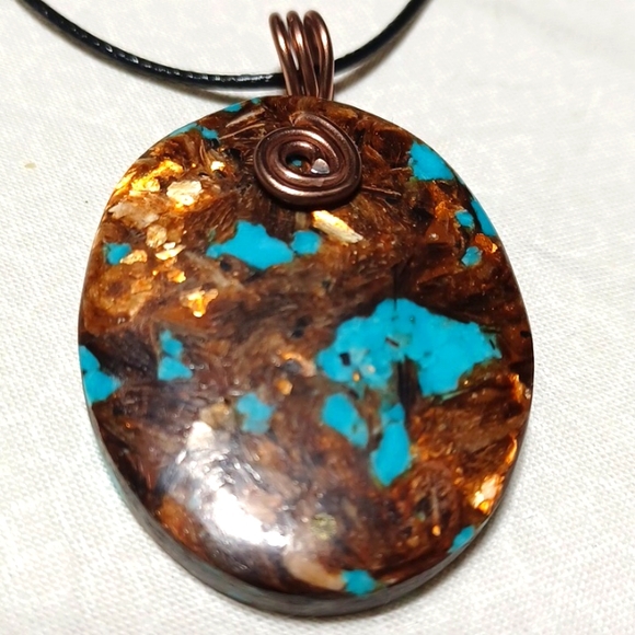 Hand Crafted Other - Turqoise copper bornite pendant necklace handmade jewelry blue brown swirled mix